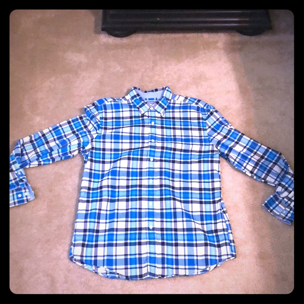 Long sleeve button down bright blue plaid shirt